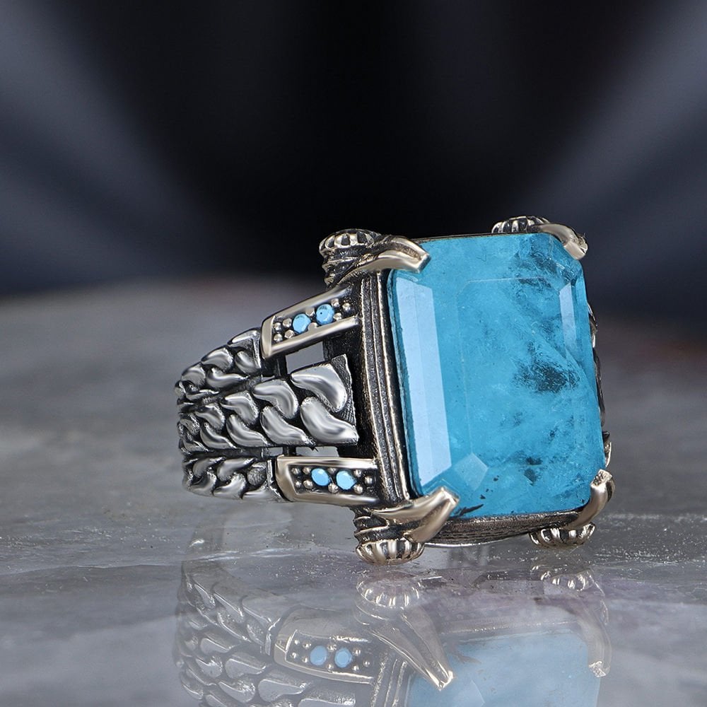 Tesbihevim | Chain Series Men's Silver Ring with Paraiba Stone - TryAladdin