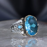 Tesbihevim | Chain Series Men's Silver Ring with Blue Topaz Stone - TryAladdin