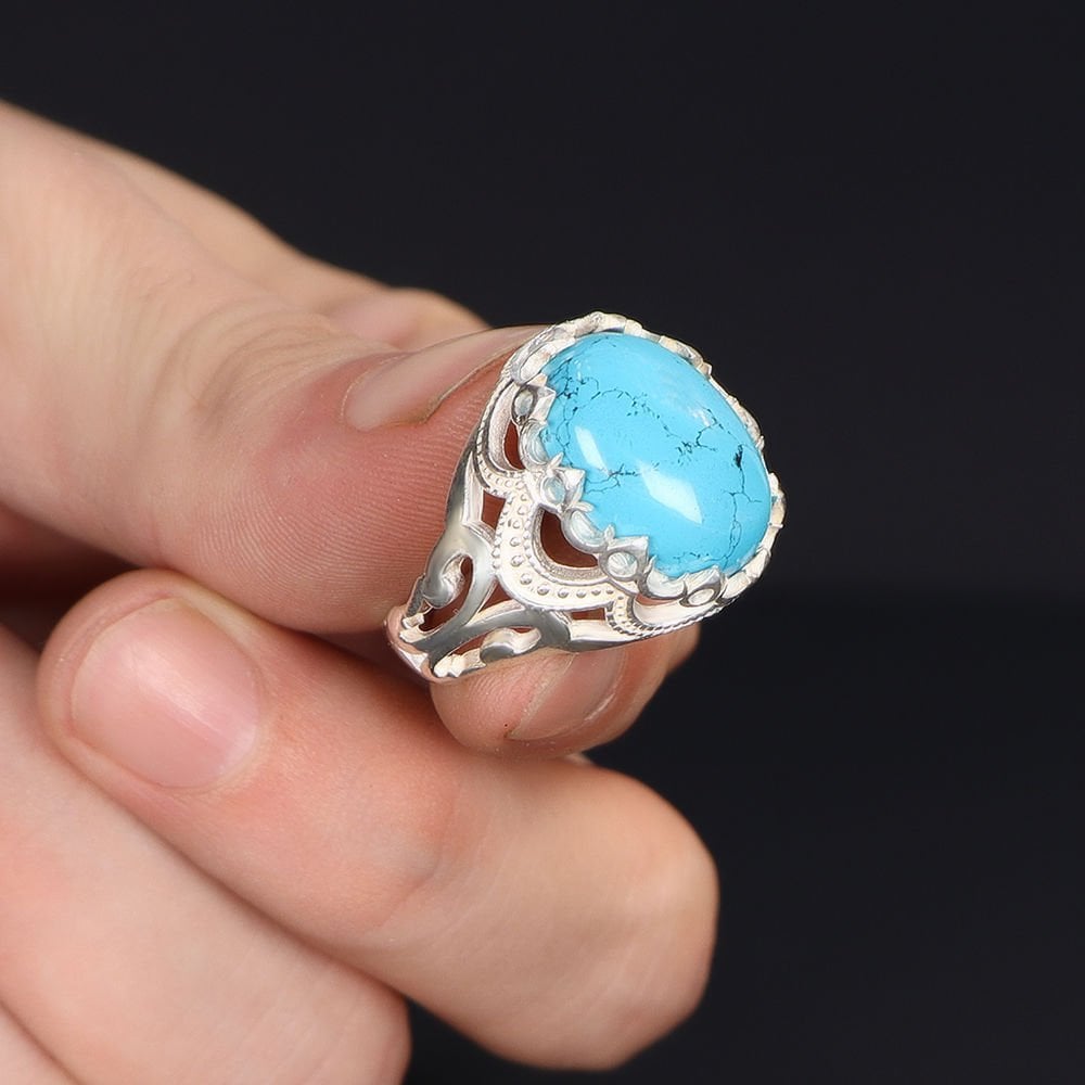 Tesbihevim | Men's Silver Ring with Turquoise Stone - TryAladdin