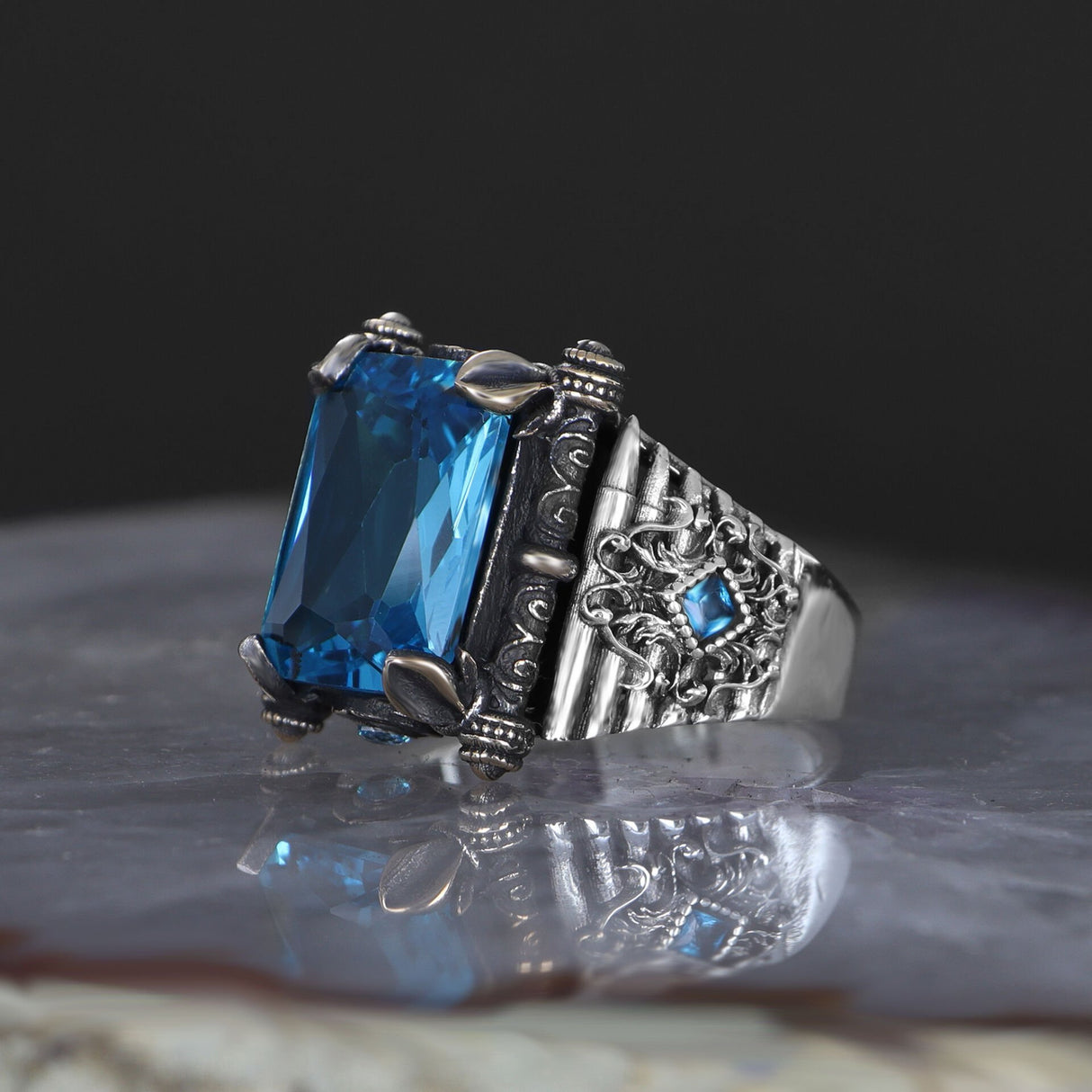 Tesbihevim | Men's Silver Ring with Aqua Marin Stone - TryAladdin