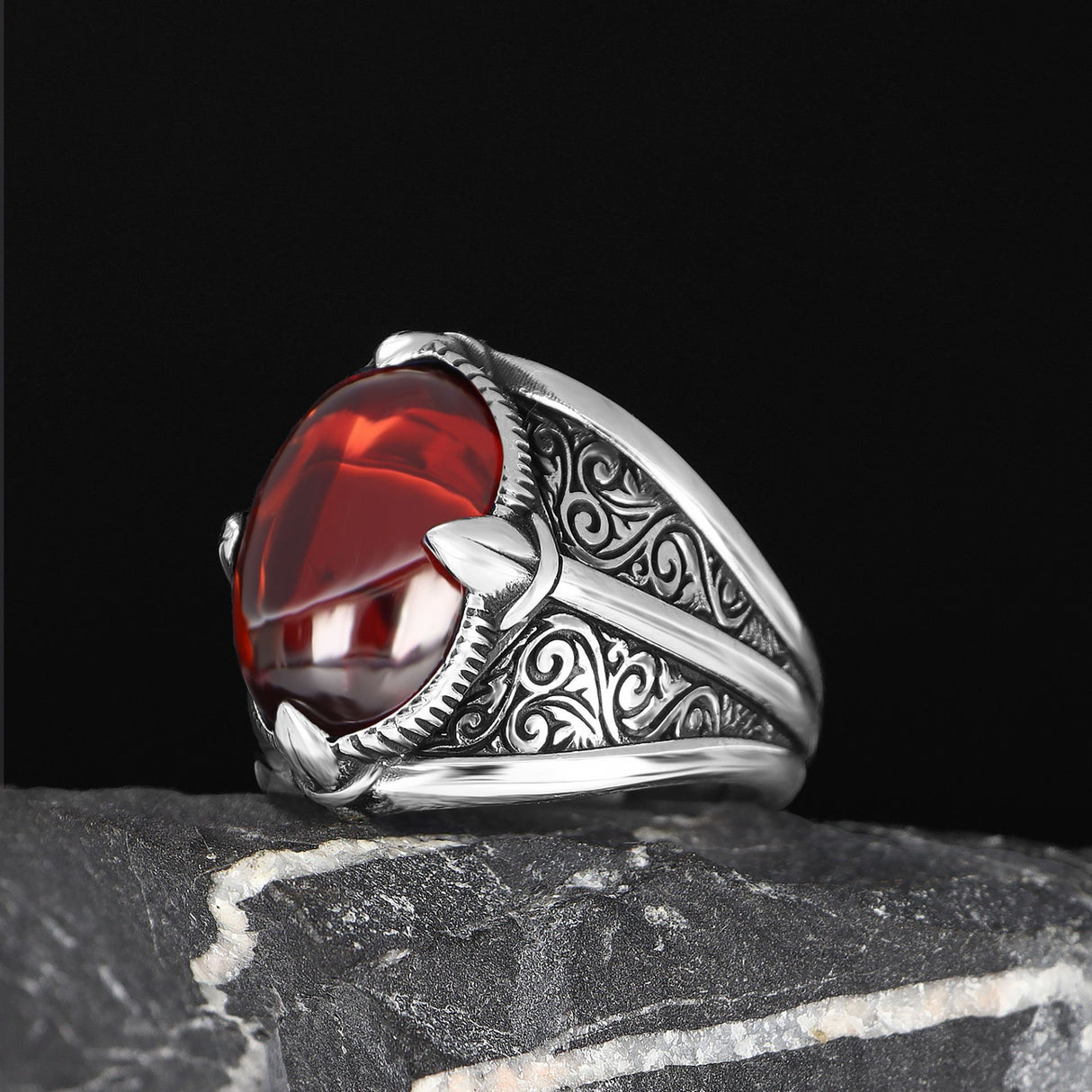 Tesbihevim | Men's Silver Ring with Red Agate Stone - TryAladdin