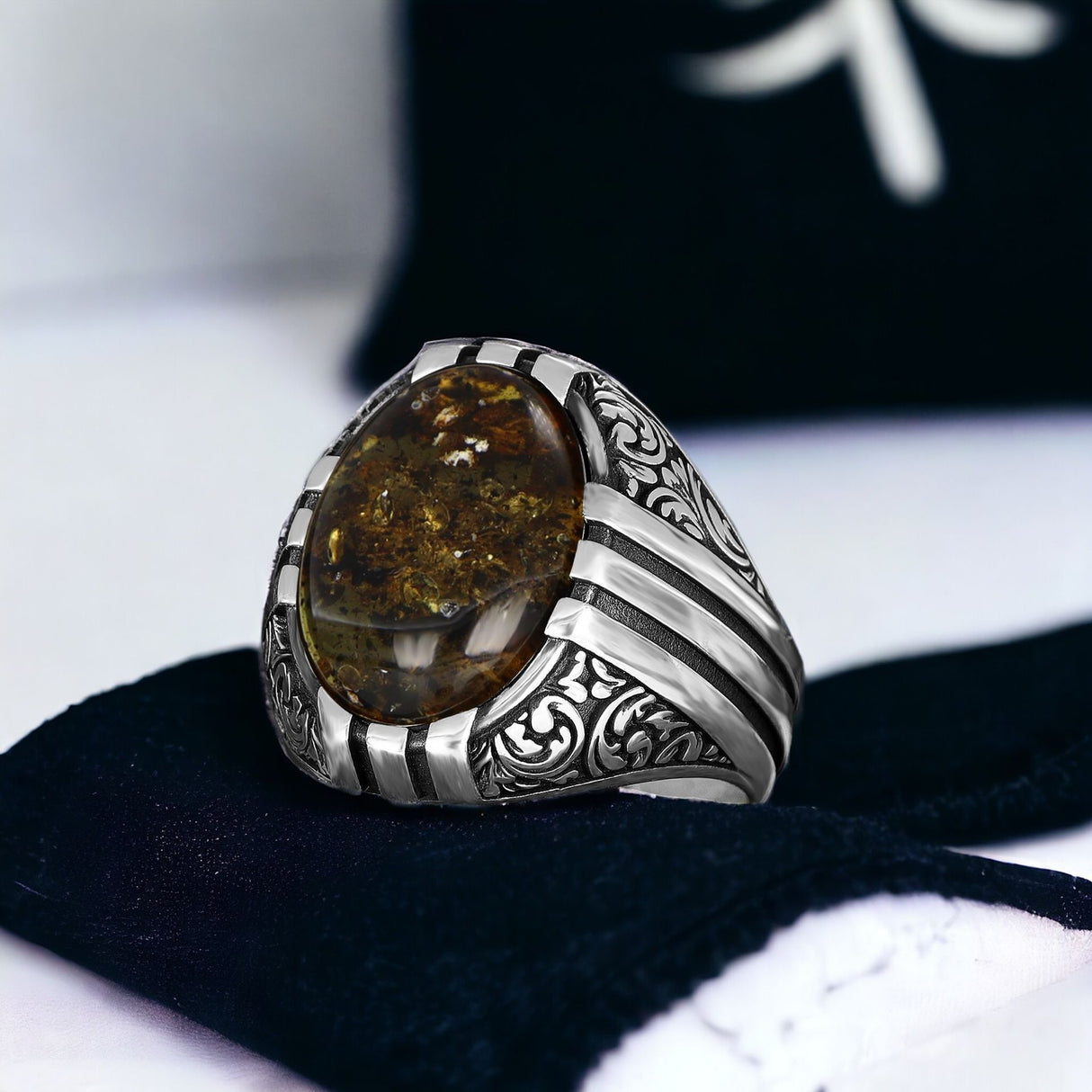 Tesbihevim | Men's Silver Ring with Fossil Drop Amber Stone - TryAladdin