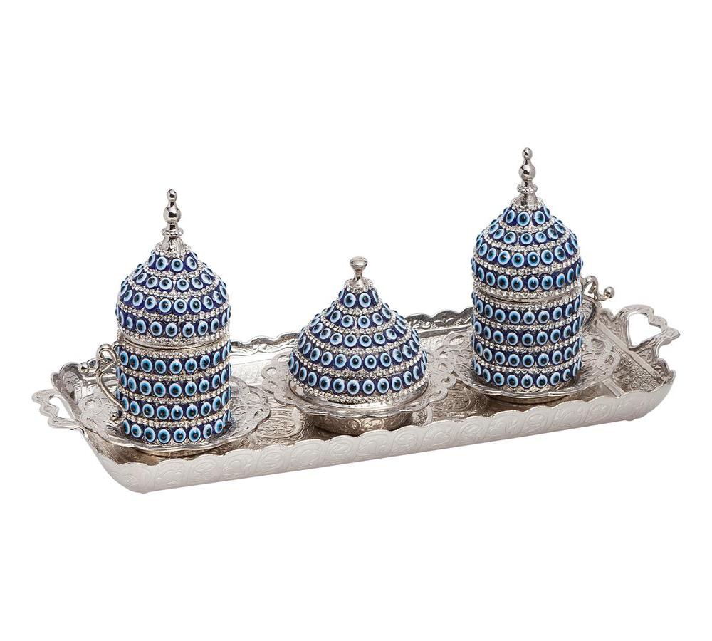 Acar | Nazar Beaded Turkish Tea Set of Two With Metal Tray - Gold - TryAladdin