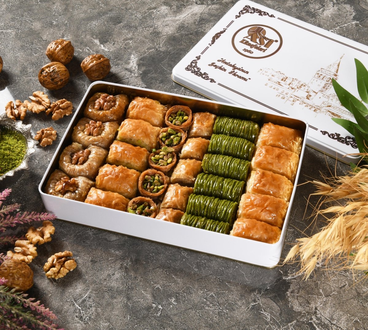 Asi | Assorted Pistachio and Walnut Baklava in Gift Metal Box - TryAladdin