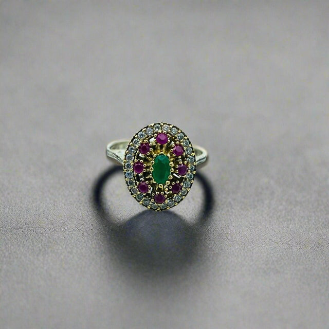 Istanbul Jewelry | Emerald and Ruby Ottoman Style Handmade Silver Ring - TryAladdin