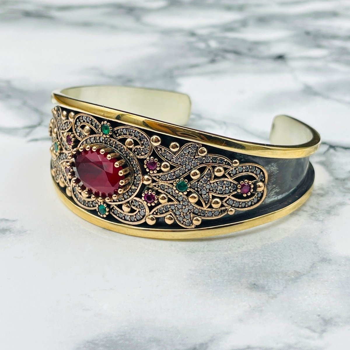 Istanbul Jewelry | Ruby Ottoman Style Adjustable Cuff Handmade Silver Bracelet - TryAladdin