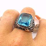 Blue Aquamarine Men's Silver Ring - TryAladdin