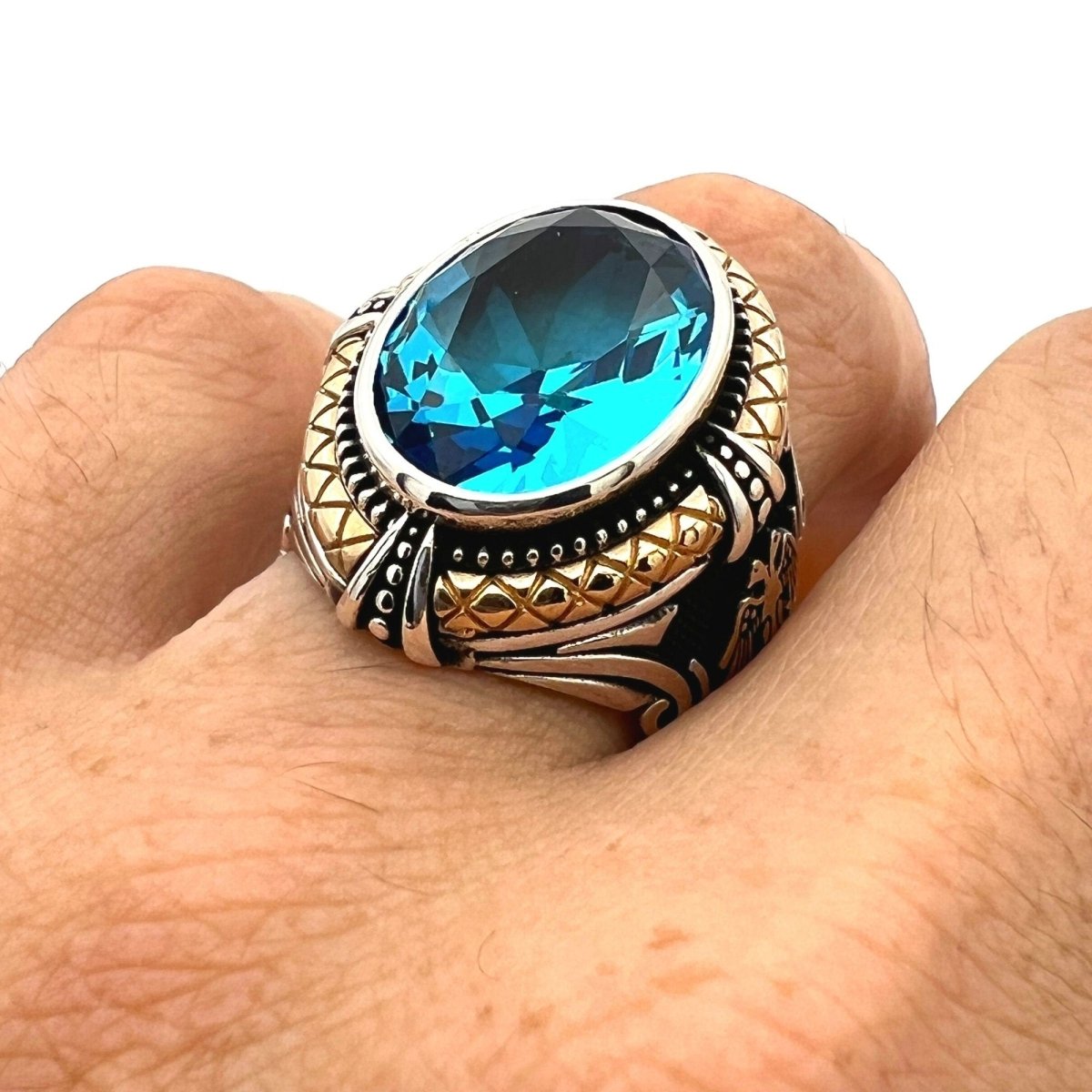 Blue Aquamarine Stone Double Headed Eagle Ring - TryAladdin