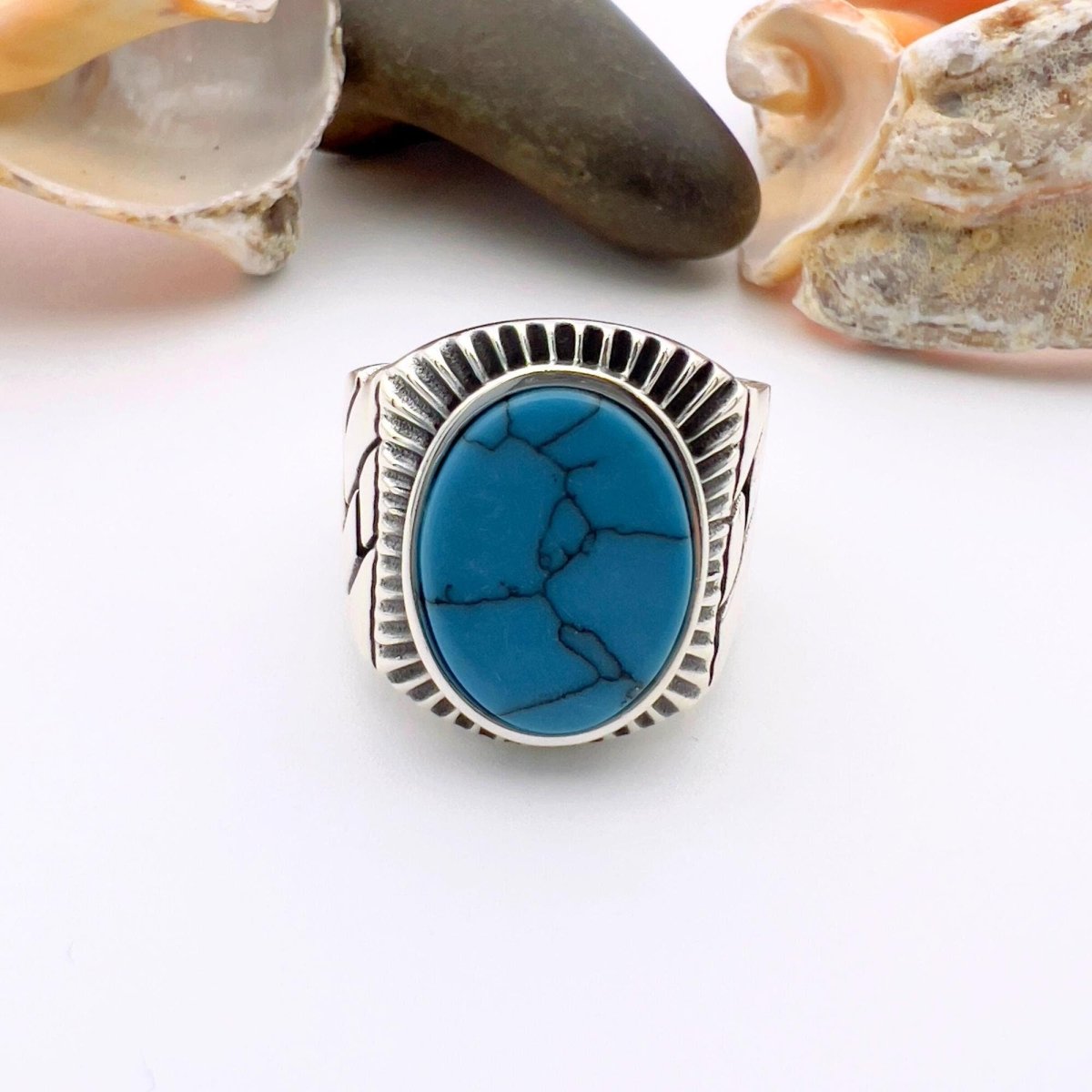 Blue Oval Turquoise Stone Men's Silver Ring - TryAladdin