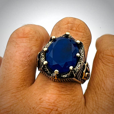 Blue Tourmaline Oval Stone Men's Ring - TryAladdin