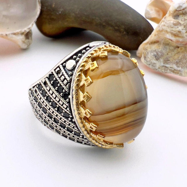 Brown Oval Agate Stone Men's Ring - TryAladdin