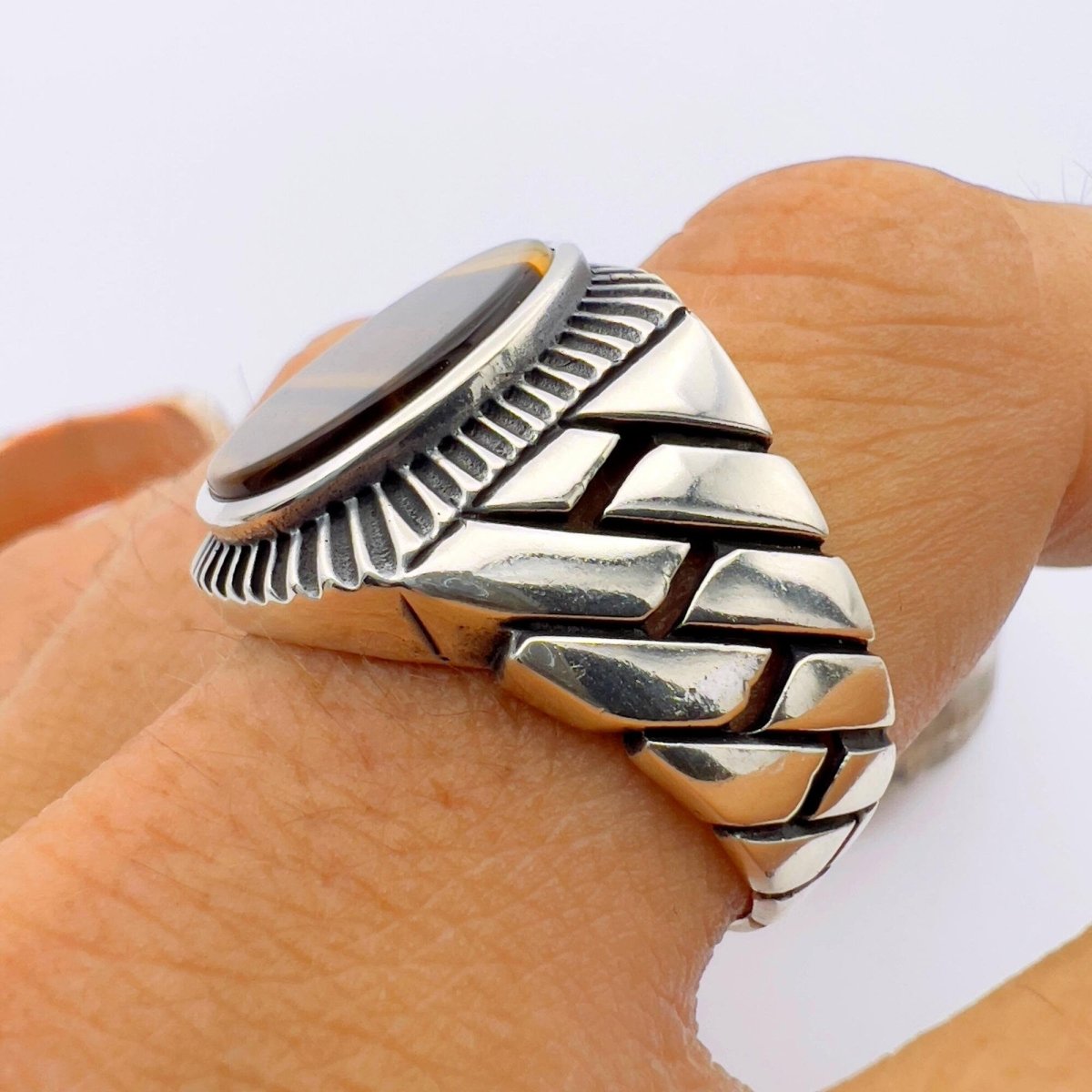 Brown Tiger's Eye Stone Men's Silver Ring - TryAladdin