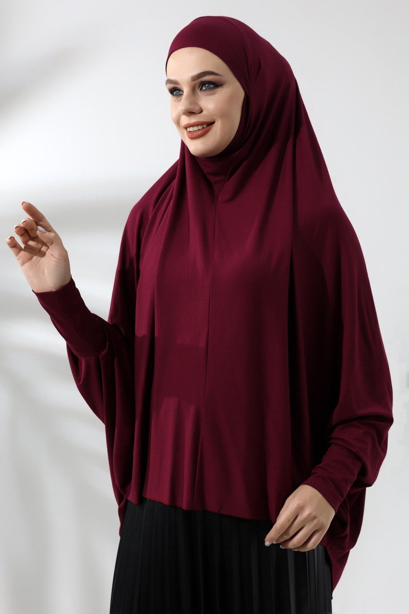 Burgundy Ready to Wear Practical Hijab Sleeve Combed Cotton Souffle Scarf Hijab - TryAladdin