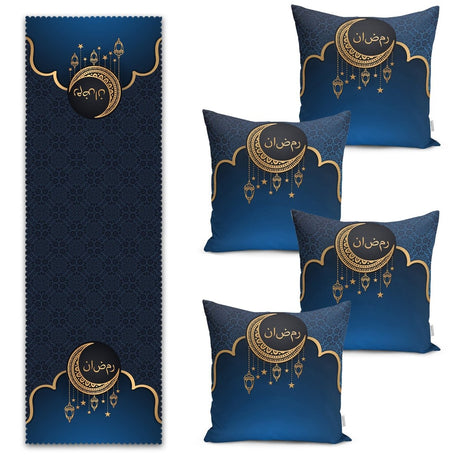 Crescent Motif and Arabic Lantern Detailed Ramadan Digital Printed Runner and Cushion Pillow Cover Set - TryAladdin