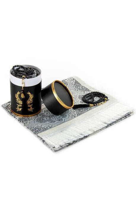 Cylender Boxed Prayer Rug and Pearl Tasbih Gift Set, Black Color - TryAladdin