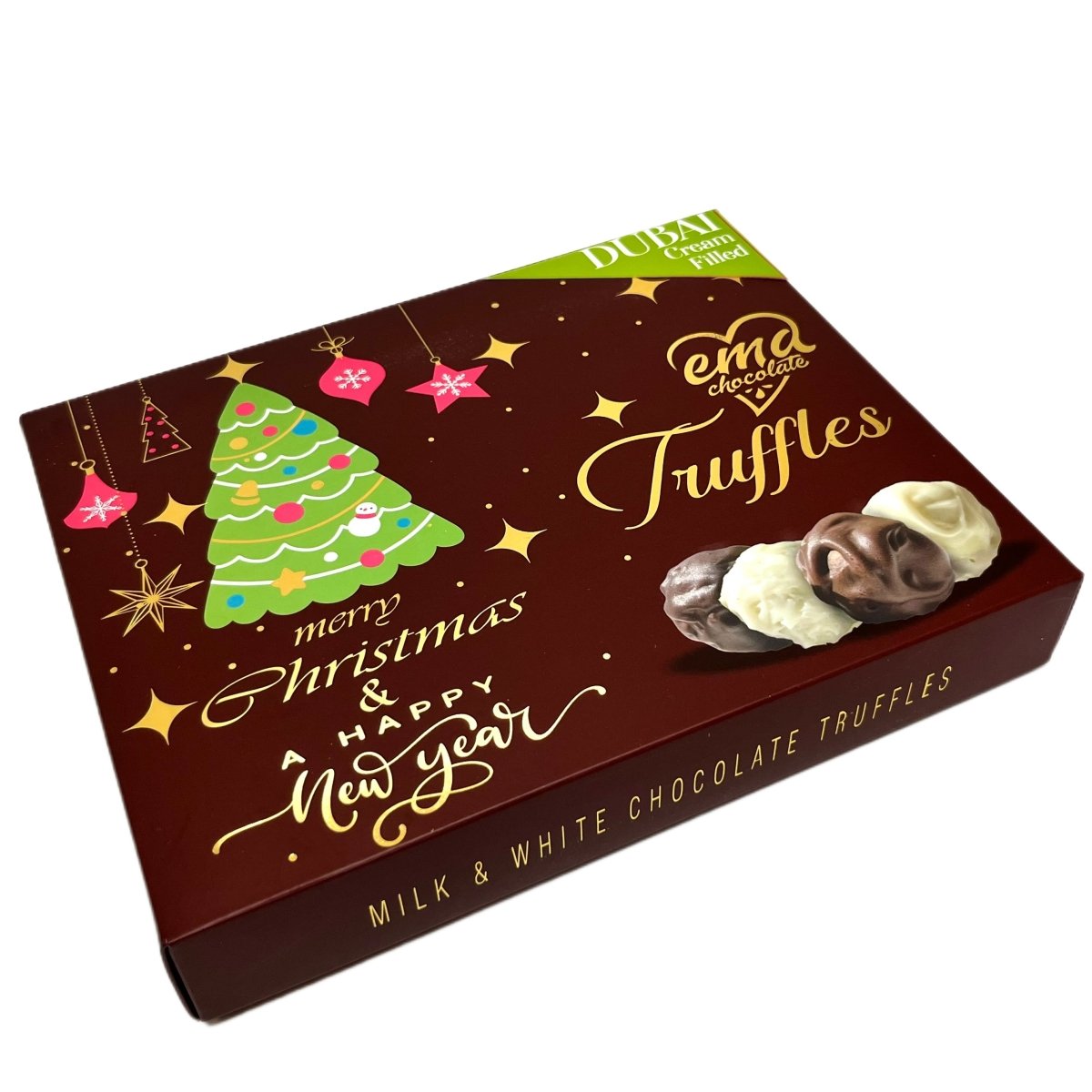 Ema Chocolate Milk and White Chocolate Truffles With Dubai Filling - Merry Christmas Box - 250g - TryAladdin