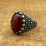 Handmade Silver Men's Oval Red Agate Ring - TryAladdin