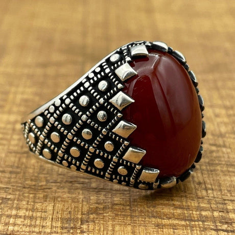 Handmade Silver Men's Oval Red Agate Ring - TryAladdin