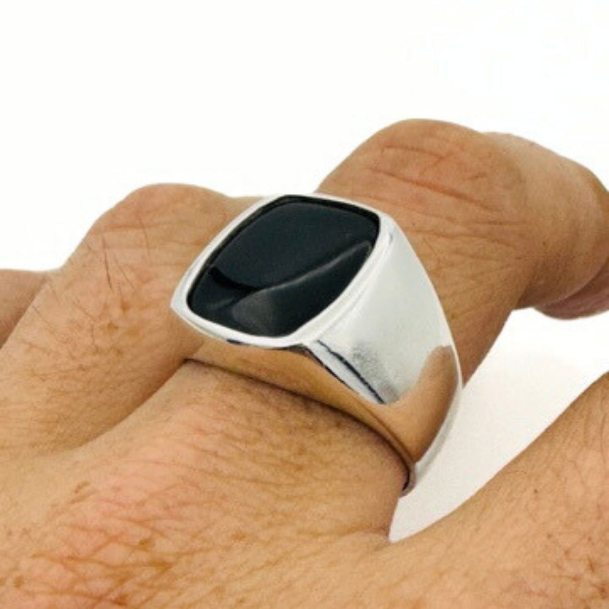 Men's Square Natural Black Onyx Silver Ring - TryAladdin