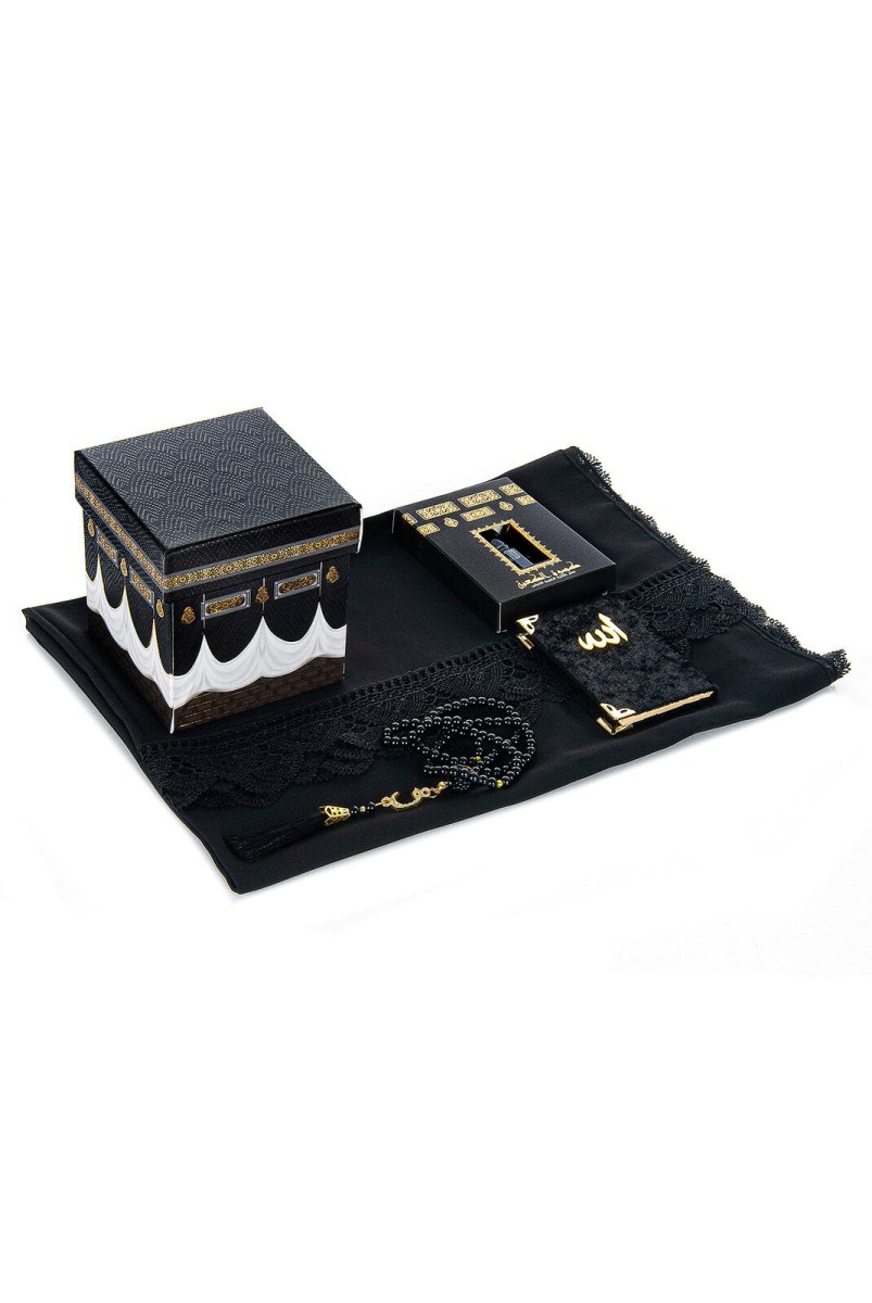 Kaaba Patterned Gift Set with Special Box - Lace Scarf - Essence - Pearl Tasbih - Velvet Covered Yasin - Black - TryAladdin