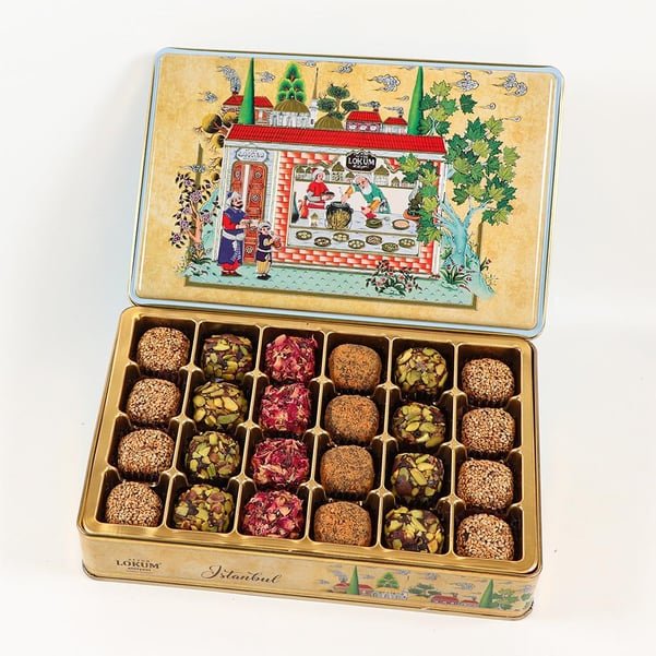 Lokum Atolyesi | Palace Bites Assorted Turkish Delights in Metal Gift Box (with Figs, Pistachios, Dates, Rose Leafs, Lotus Biscuit, Sesame) - TryAladdin