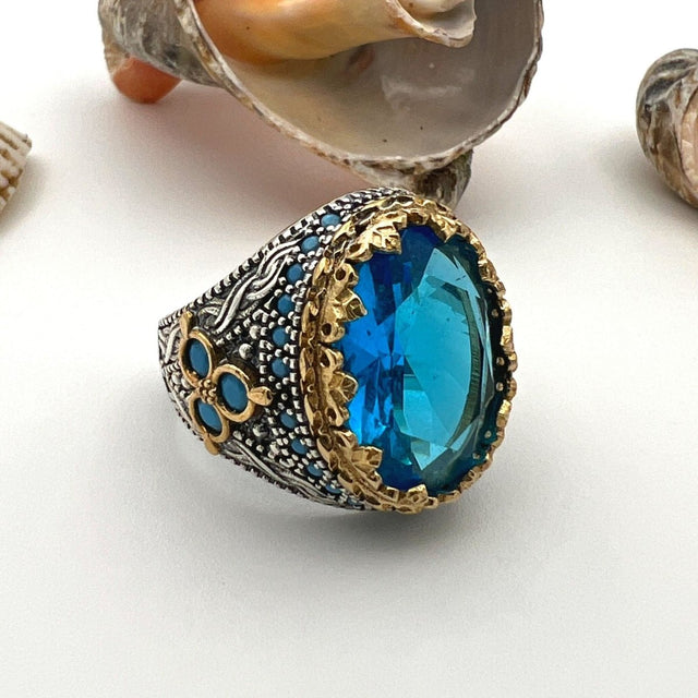 Men's Aquamarine Stone Blue Oval Ring - TryAladdin