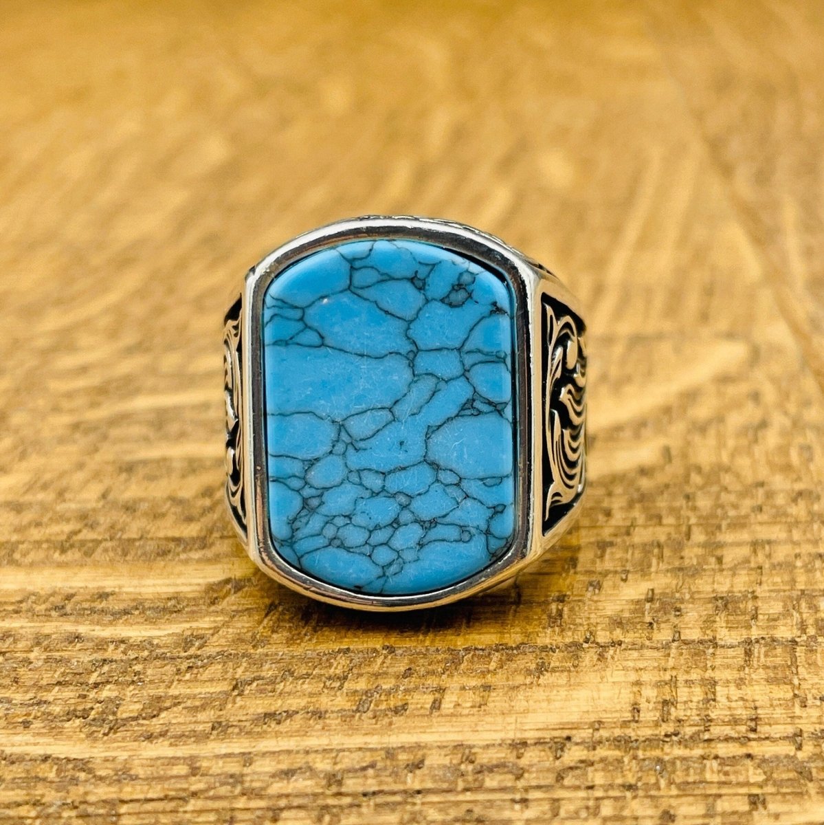 Men's Blue Turquoise Stone Silver Ring - TryAladdin