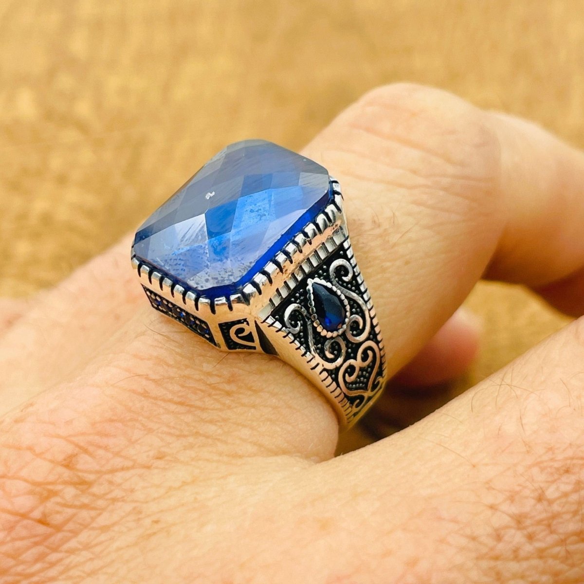 Men’s Blue Zircon Square Ring - TryAladdin