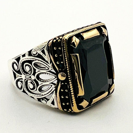 Men's Embroidered Onyx Silver Ring - TryAladdin