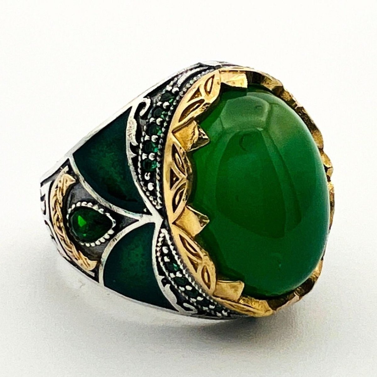 Men's Green Agate Silver Ring - TryAladdin