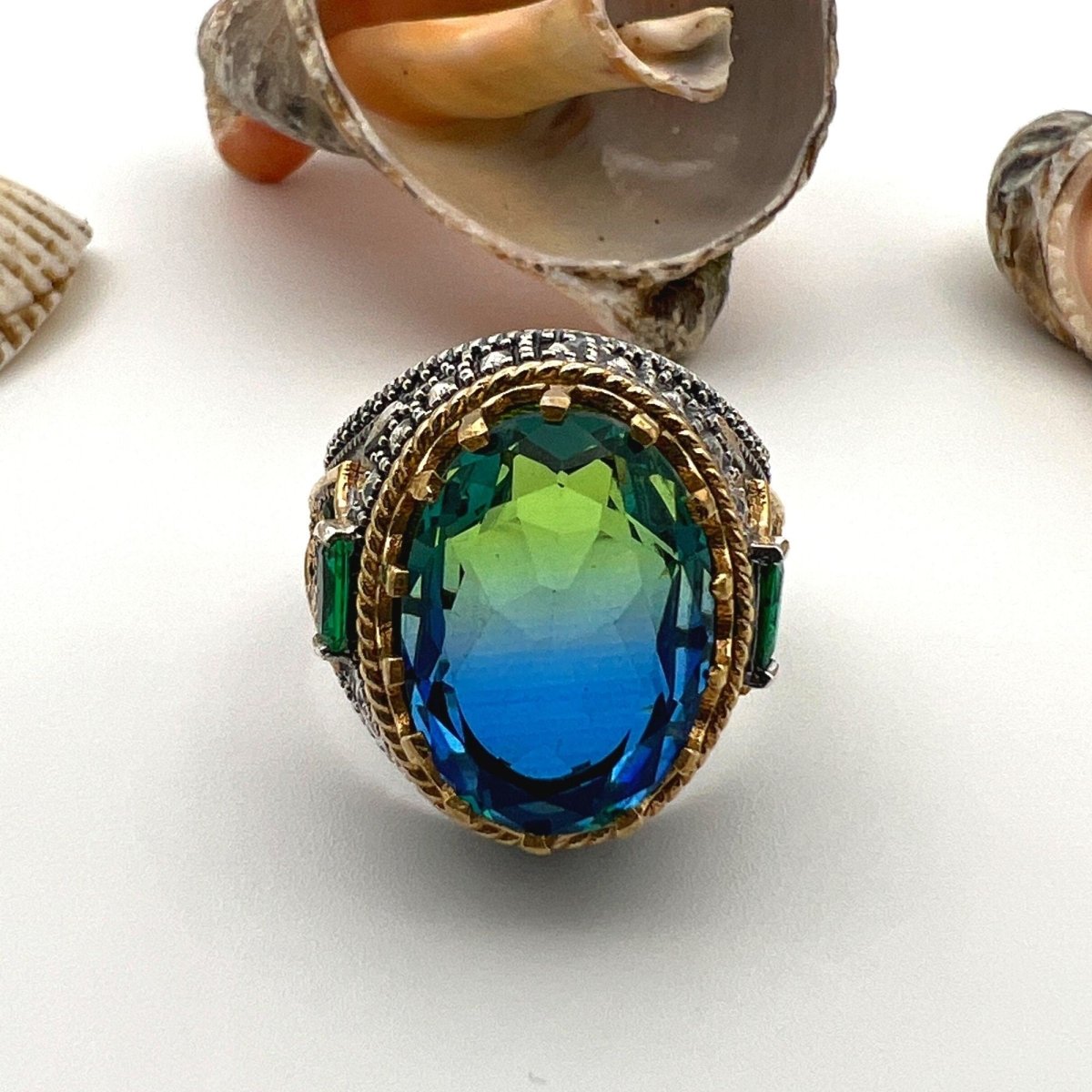 Men's Green - Blue Stone Silver Ring - TryAladdin