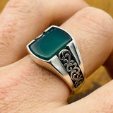 Men's Handmade Green Agate Silver Ring - TryAladdin