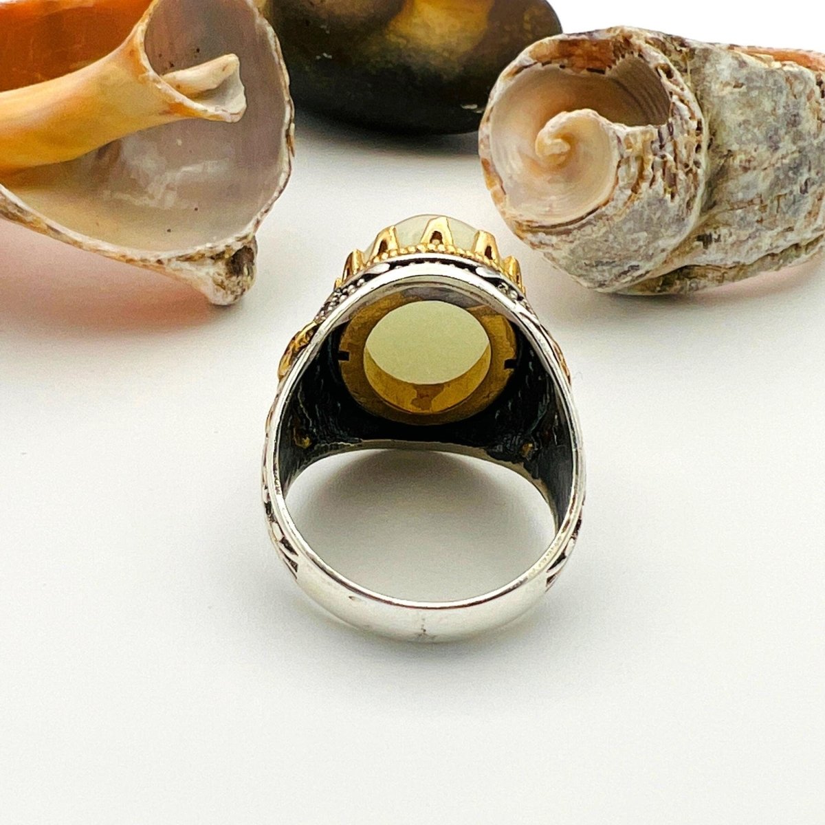 Men's Handmade Silver Ring with Cat's Eye White Stone - TryAladdin