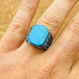 Men's Natural Turquoise Gemstone Square Ring - TryAladdin