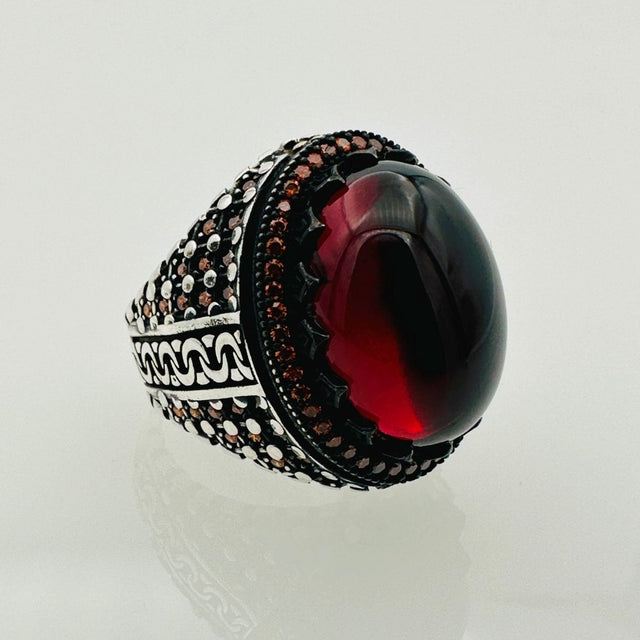 Men's Red Agate Gemstone Silver Ring - TryAladdin