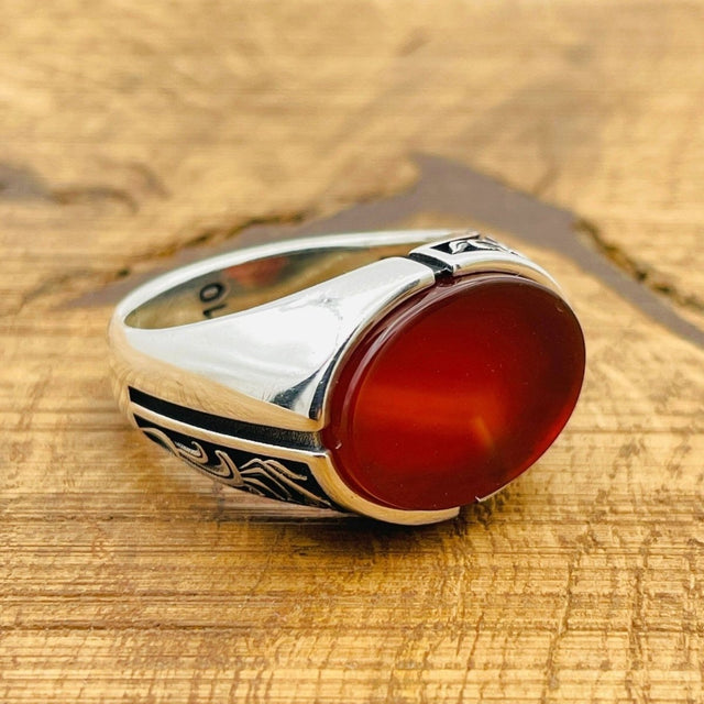 Men’s Red Agate Oval Ring - TryAladdin