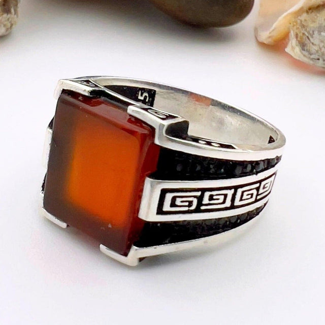 Men's Red Agate Stone Silver Ring - TryAladdin