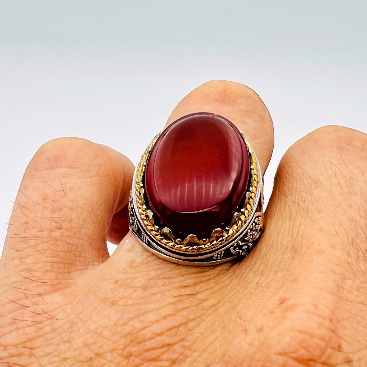 Men's Red Agate Stone Silver Ring - TryAladdin