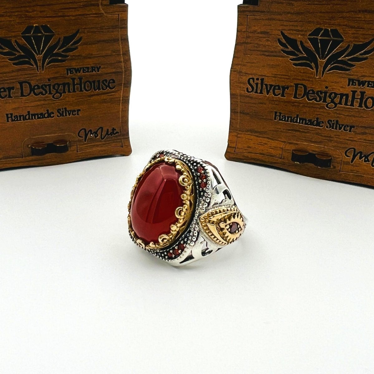 Men's Red Agate Stone Silver Ring - TryAladdin