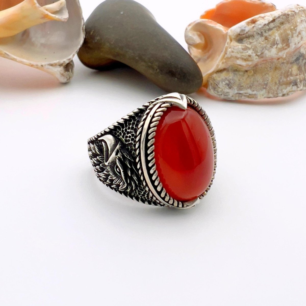 Men's Red Agate Stone Silver Ring - TryAladdin