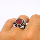 Men's Red Agate Stone Silver Ring - TryAladdin