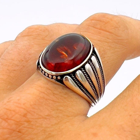 Men's Red Amber Stone Silver Ring - TryAladdin