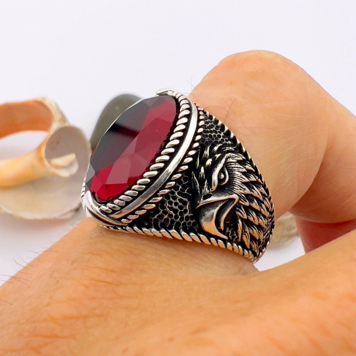 Men's Red Garnet Eagle Silver Ring - TryAladdin