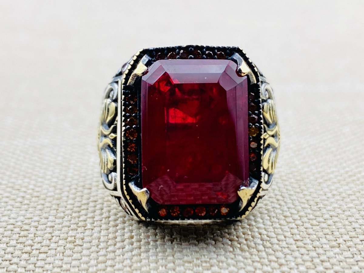 Men's Red Ruby Stone Silver Ring - TryAladdin