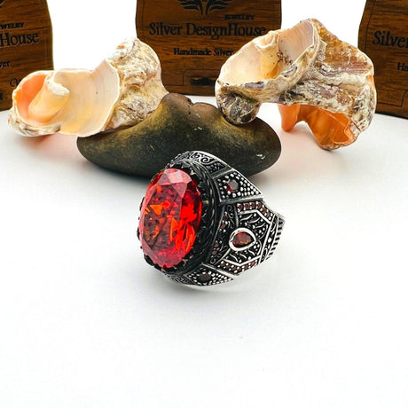 Men's Red Ruby Stone Silver Ring - TryAladdin