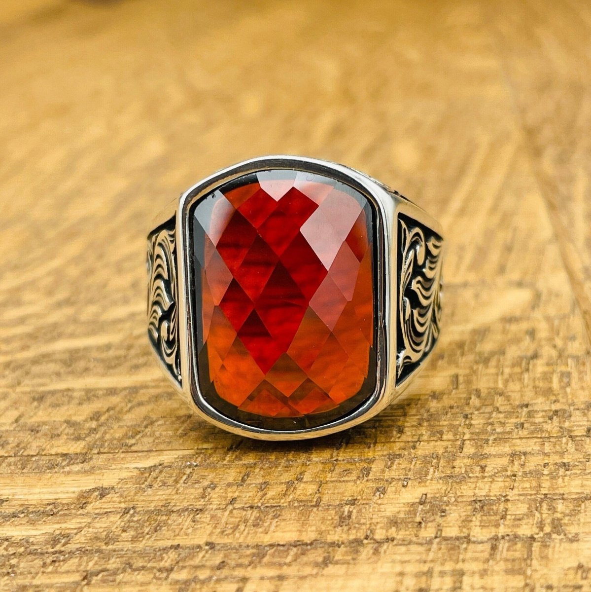 Men's Red Zircon Stone Silver Ring - TryAladdin