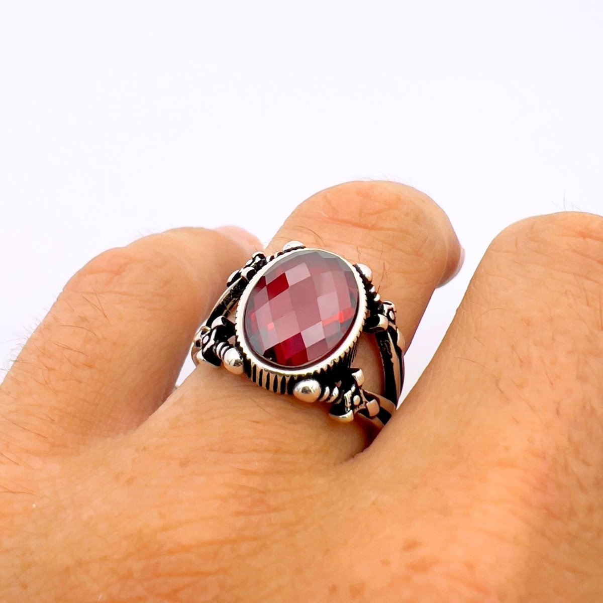 Men's Red Zircon Stone Turkish Handmade Sword Detailed Ring - TryAladdin