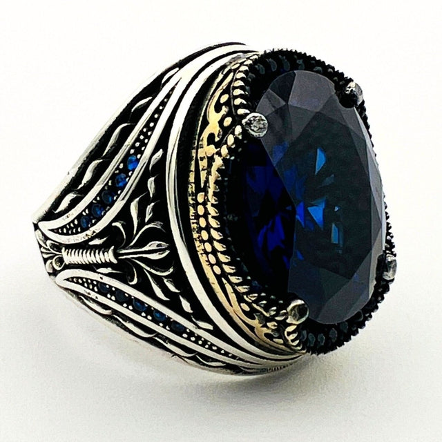 Men's Sapphire Stone Silver Ring - TryAladdin