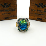 Men's Tourmaline Green / Blue Stone Silver Ring - TryAladdin