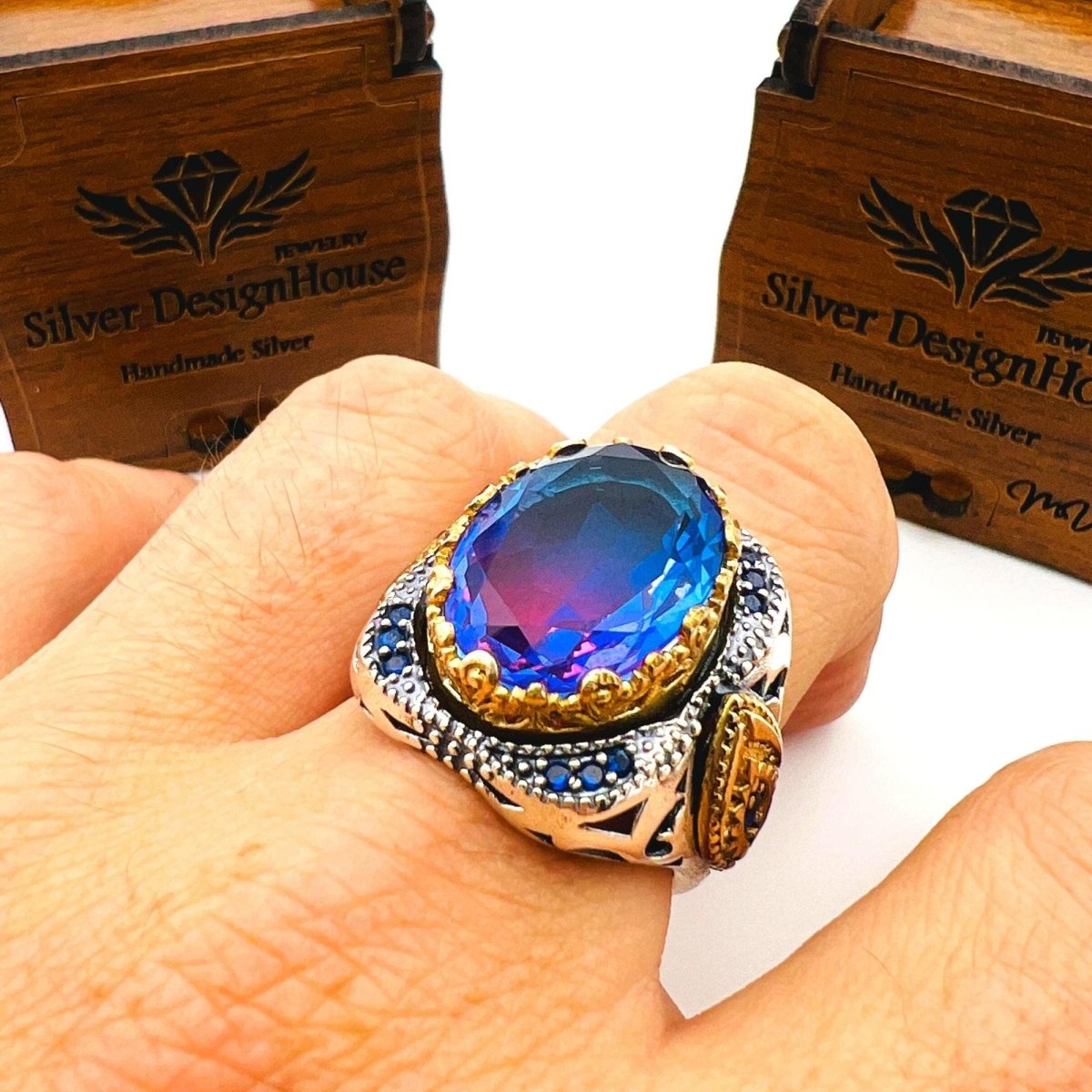 Men's Tourmaline Purple - Blue Stone Silver Ring - TryAladdin